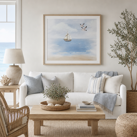 Sailing Into Quiet — Soft Coastal Watercolor Sailboat Wall Art (4:5 Ratio Digital Download)