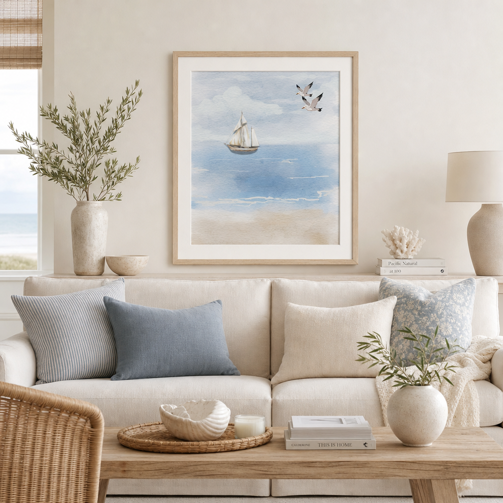 Sailing Into Quiet — Soft Coastal Watercolor Sailboat Wall Art (4:5 Ratio Digital Download)