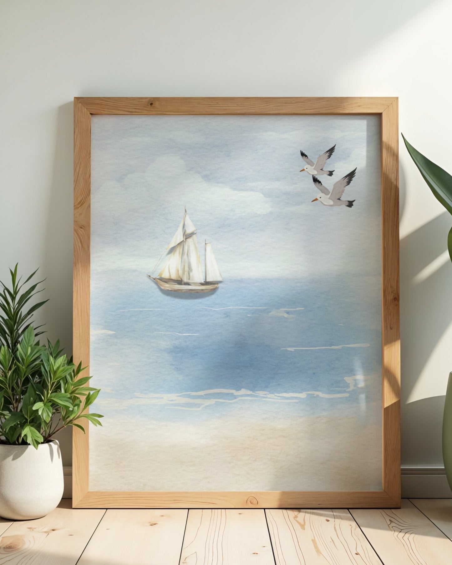 Sailing Into Quiet — Soft Coastal Watercolor Sailboat Wall Art (4:5 Ratio Digital Download)