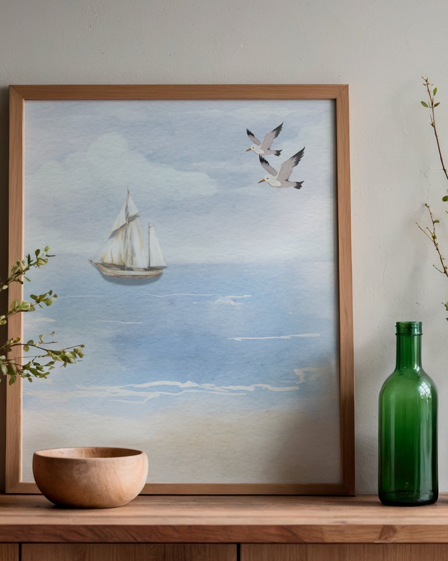 Sailing Into Quiet — Soft Coastal Watercolor Sailboat Wall Art (4:5 Ratio Digital Download)