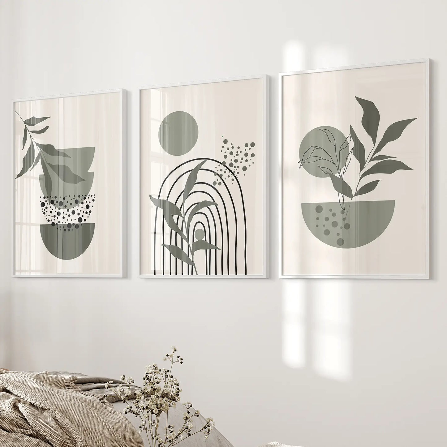 Green Mid‑Century Abstract Wall Art Set — 3 Piece Japandi Prints