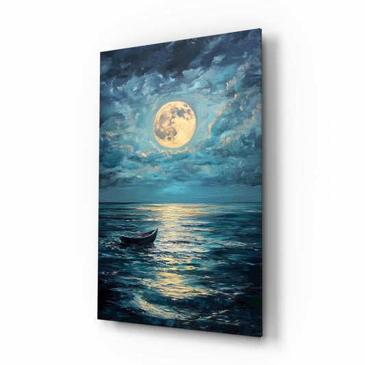 Boat in the Full Moon- Glass Wall Art