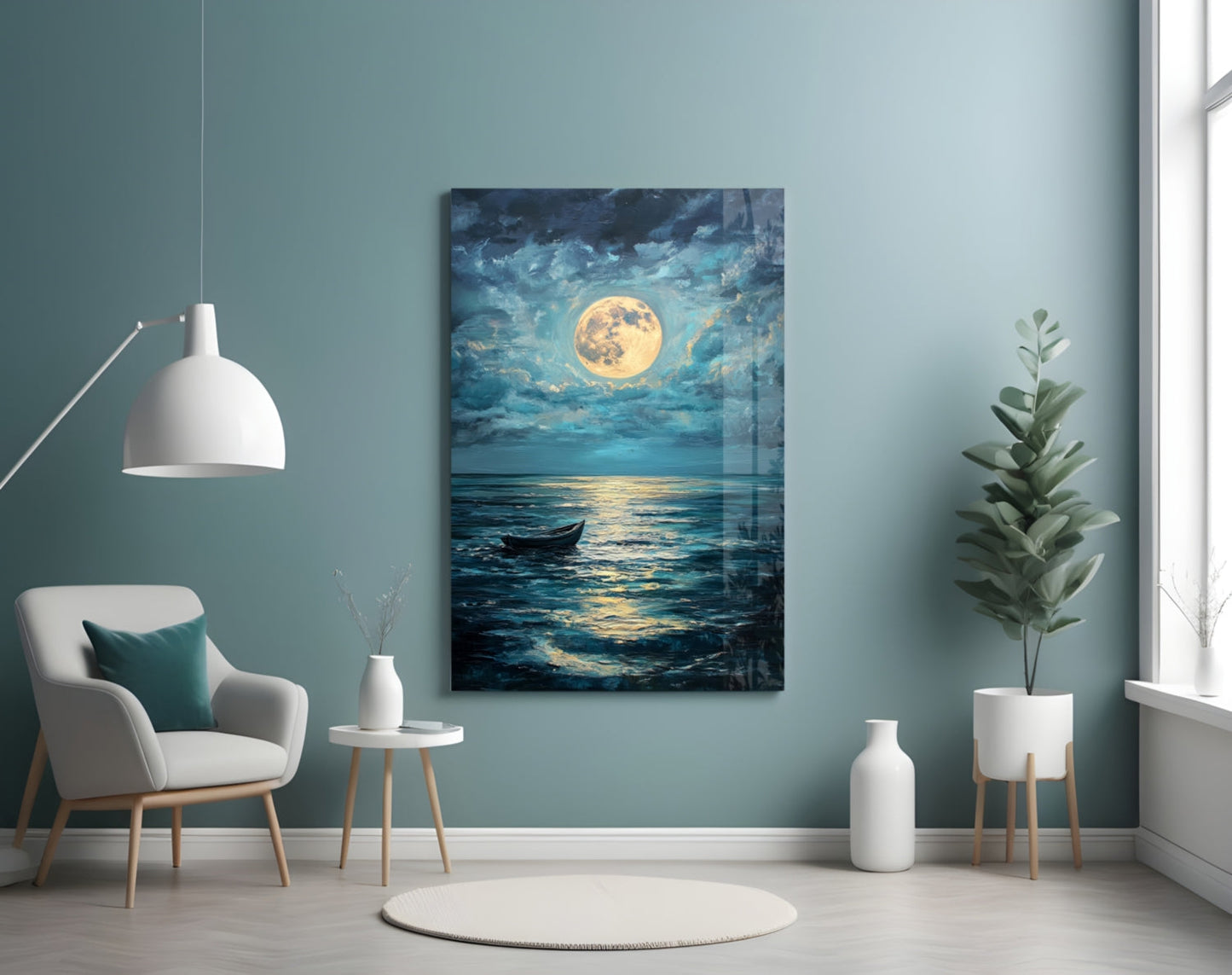 Boat in the Full Moon- Glass Wall Art