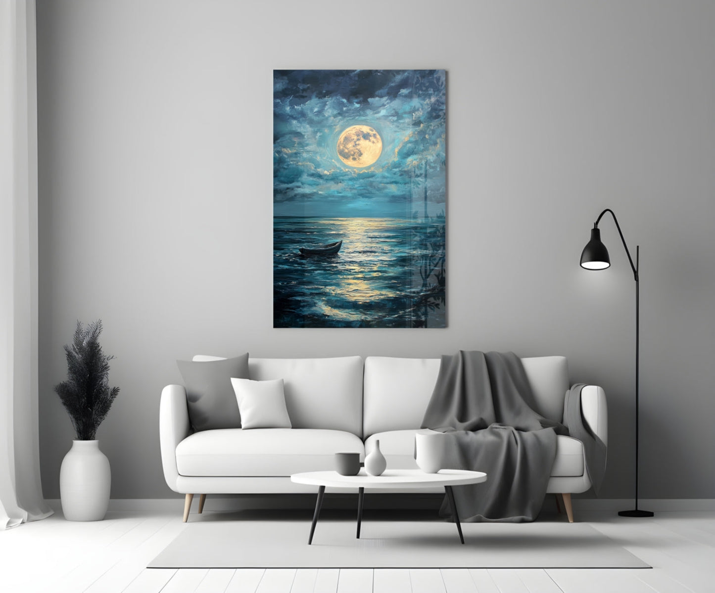 Boat in the Full Moon- Glass Wall Art
