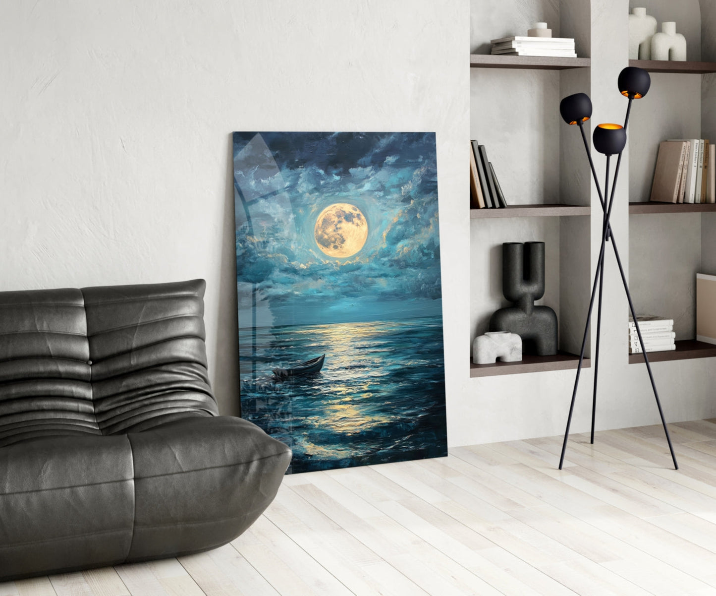 Boat in the Full Moon- Glass Wall Art