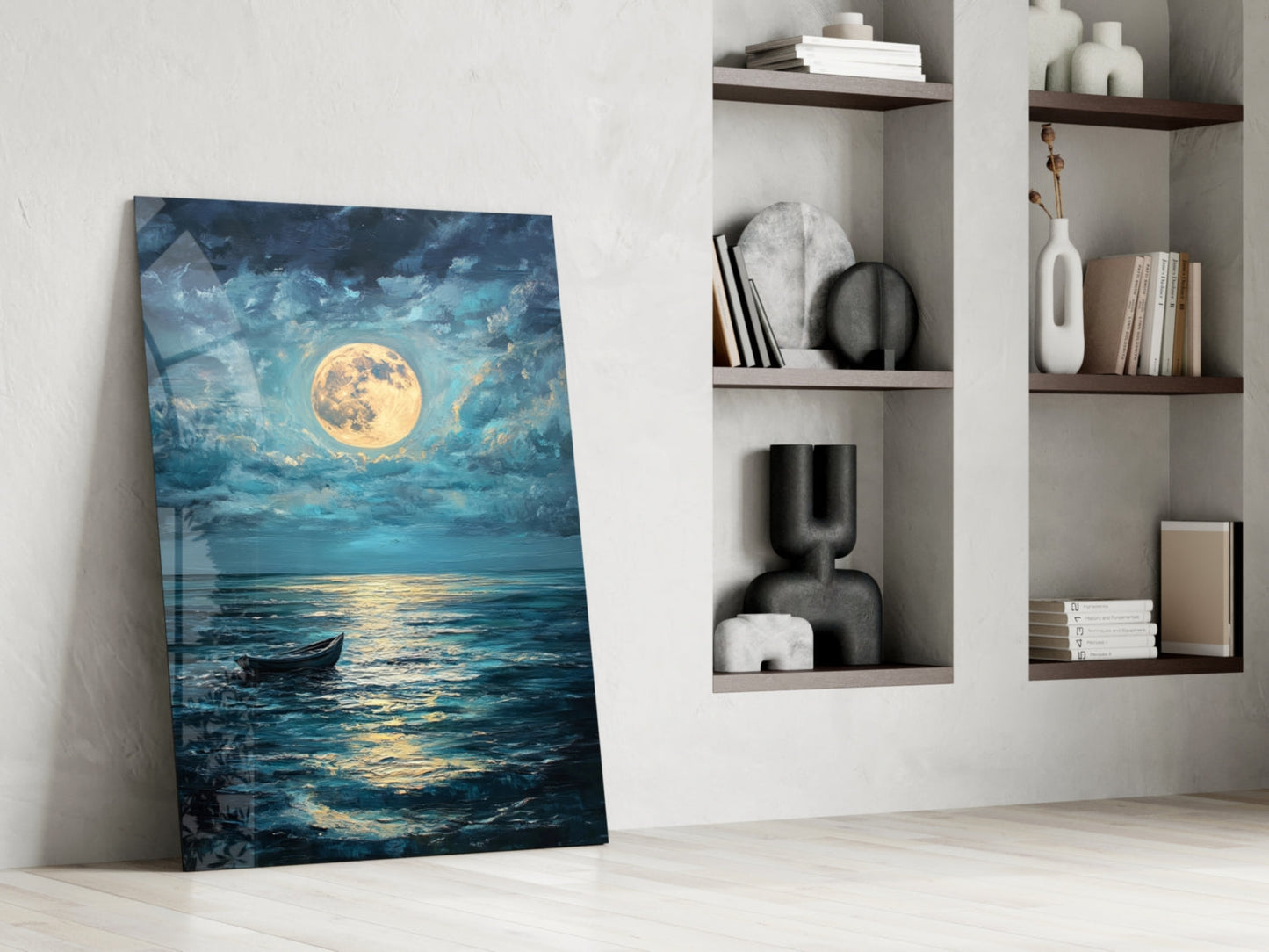 Boat in the Full Moon- Glass Wall Art