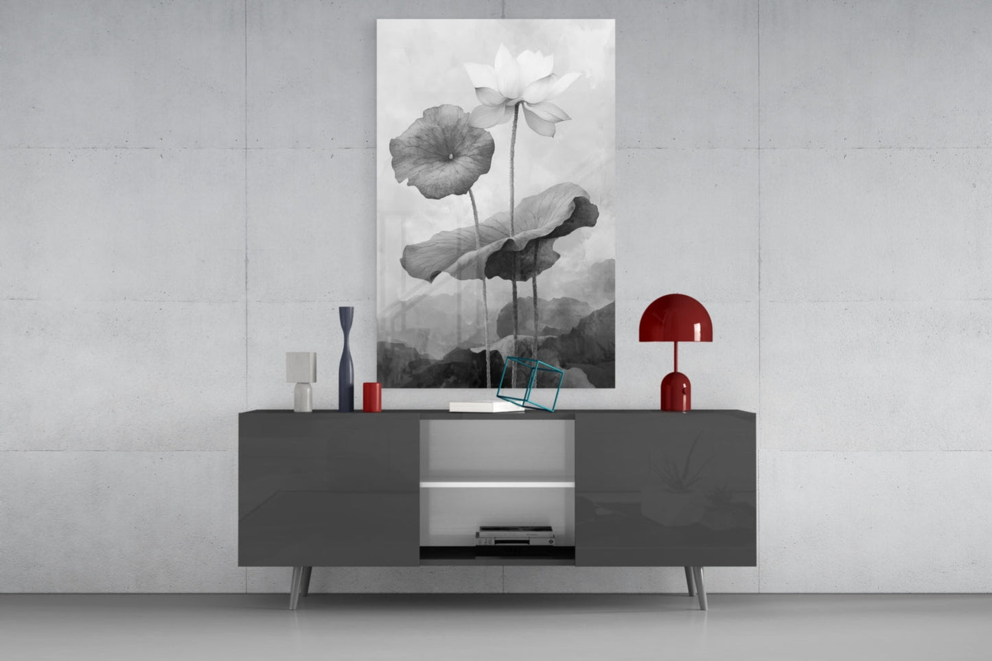 Lotus Stillness – Monochrome Botanical Glass Wall Art