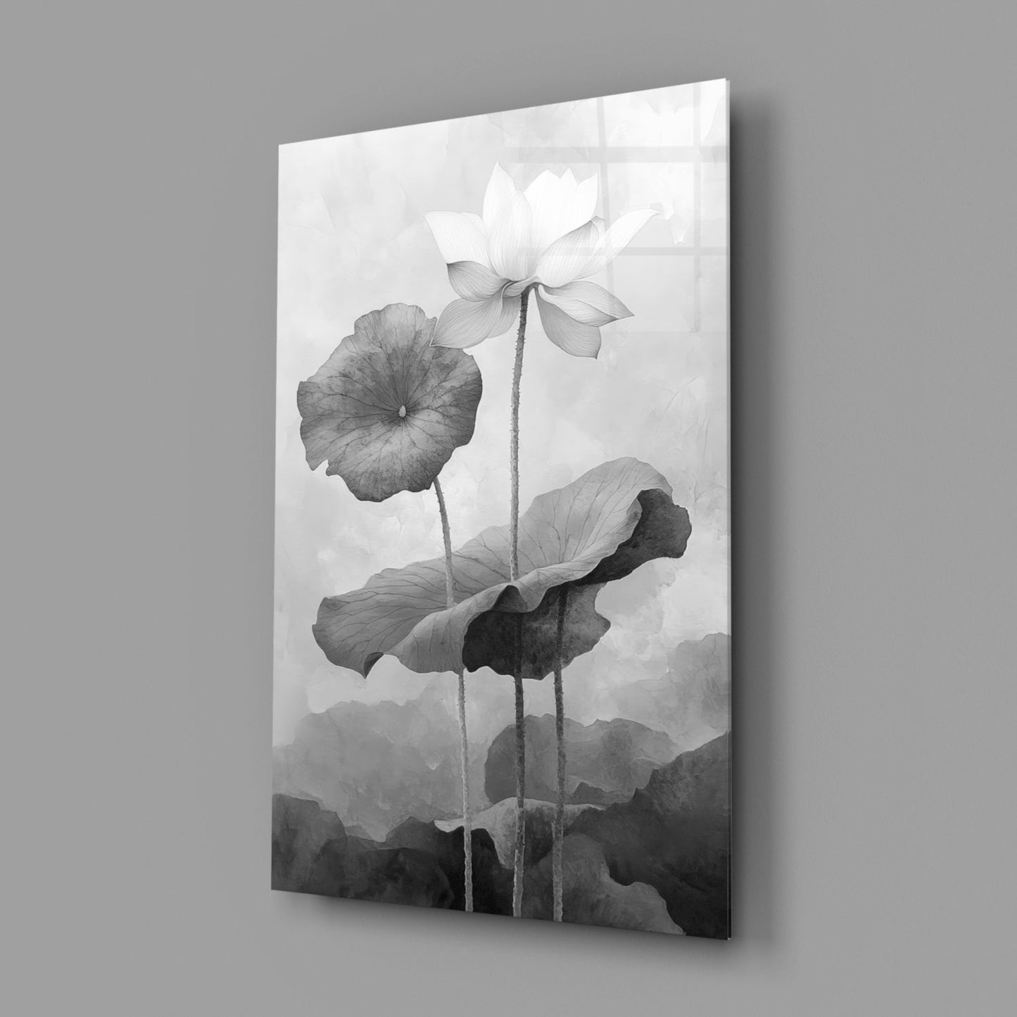 Lotus Stillness – Monochrome Botanical Glass Wall Art