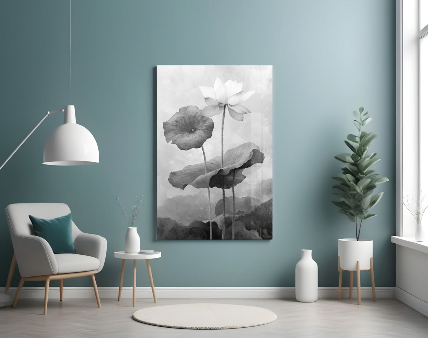 Lotus Stillness – Monochrome Botanical Glass Wall Art