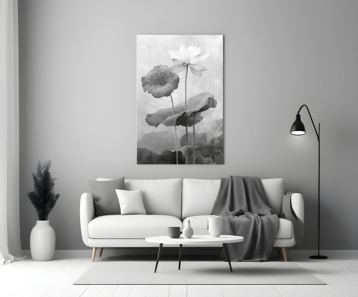 Lotus Stillness – Monochrome Botanical Glass Wall Art