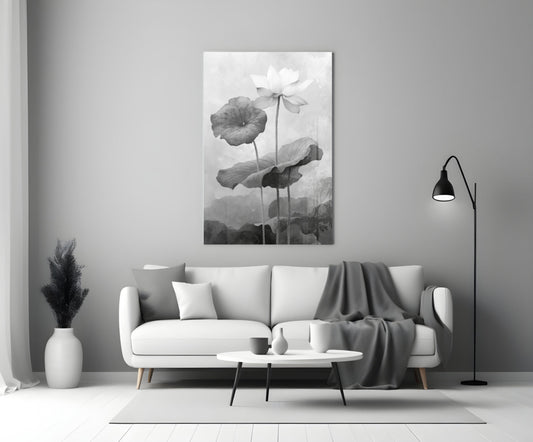 Lotus Stillness – Monochrome Botanical Glass Wall Art