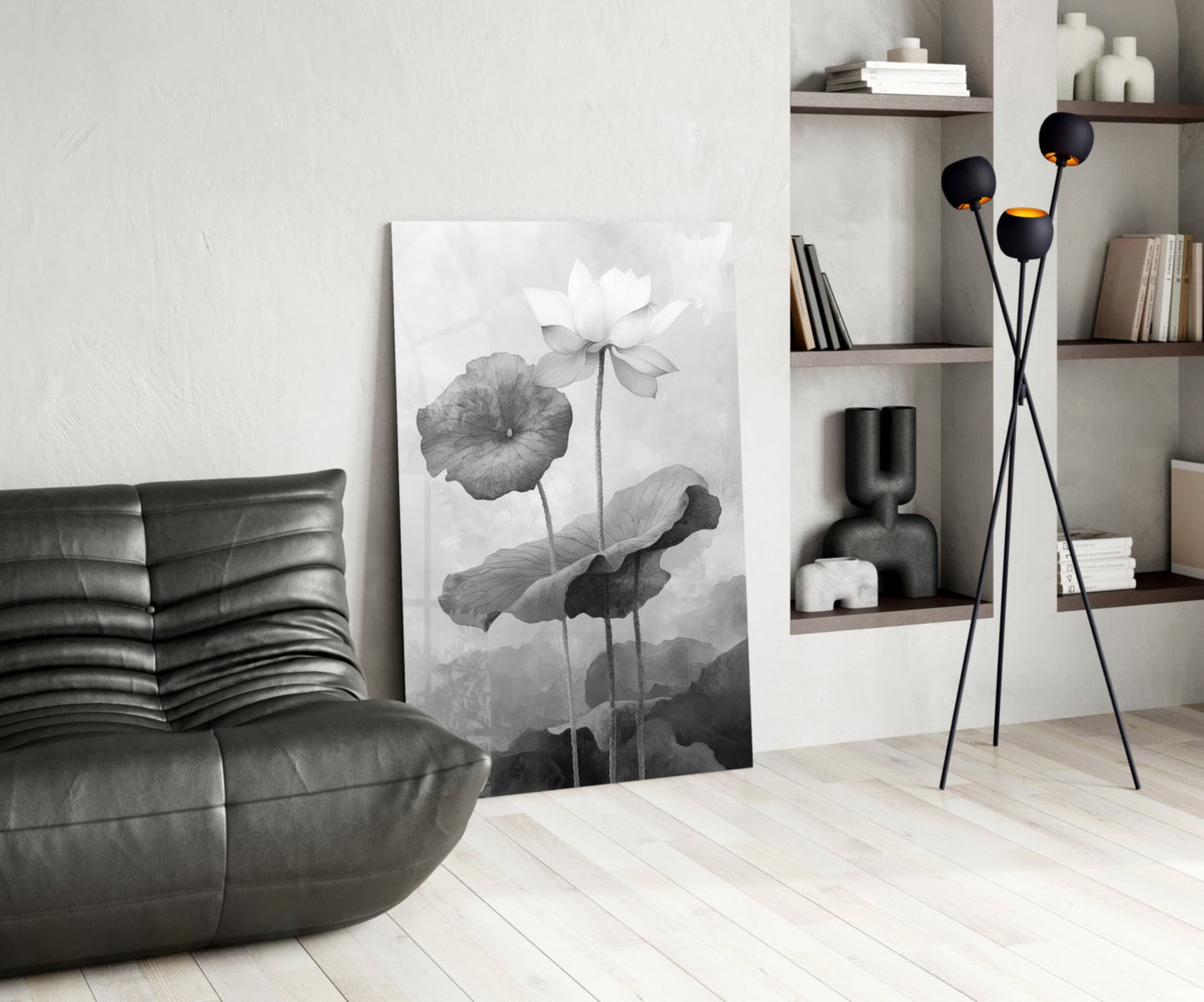 Lotus Stillness – Monochrome Botanical Glass Wall Art