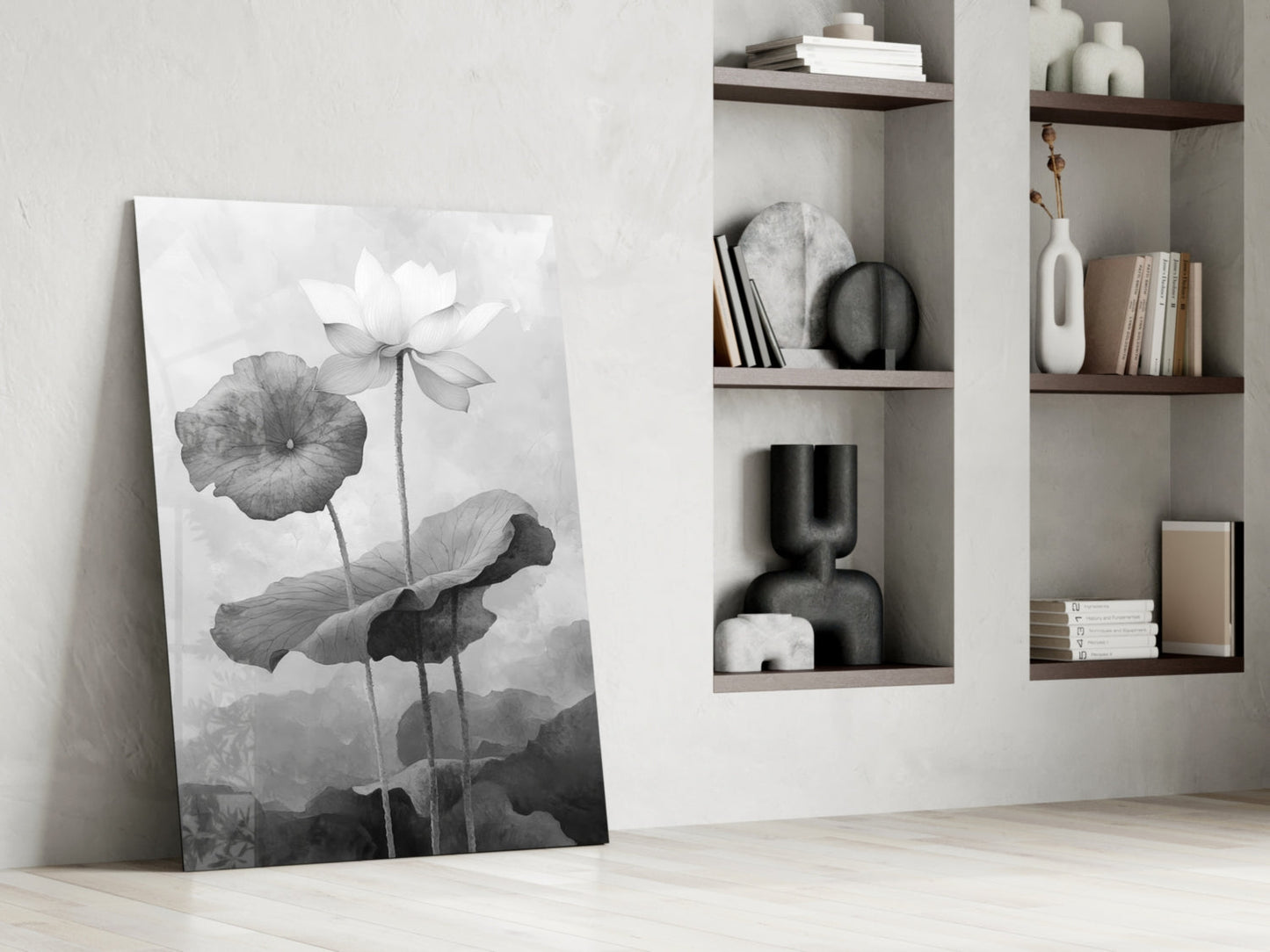 Lotus Stillness – Monochrome Botanical Glass Wall Art