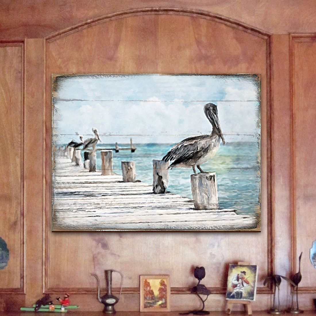 Pelicans at the Pier – Coastal Wooden Wall Art