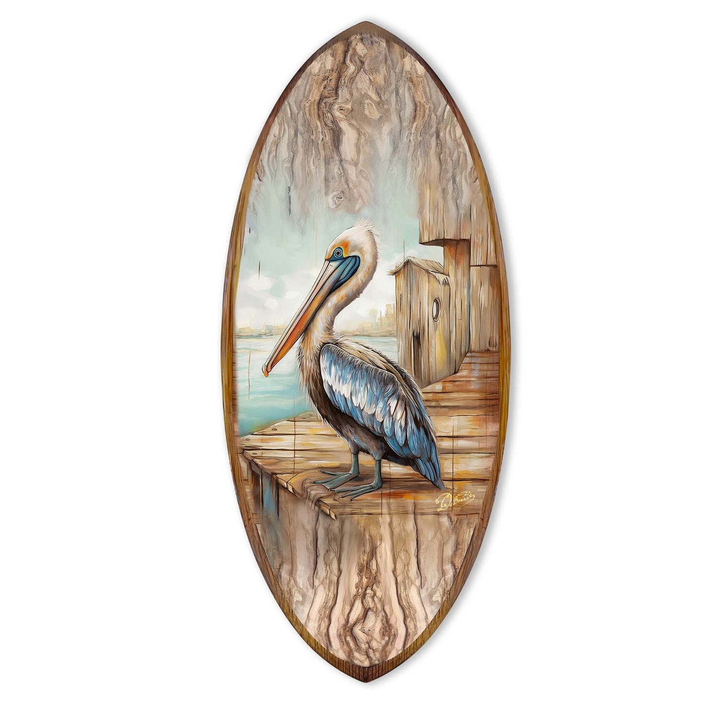 Pelican Surfboard – Handcrafted Wooden Coastal Wall Art
