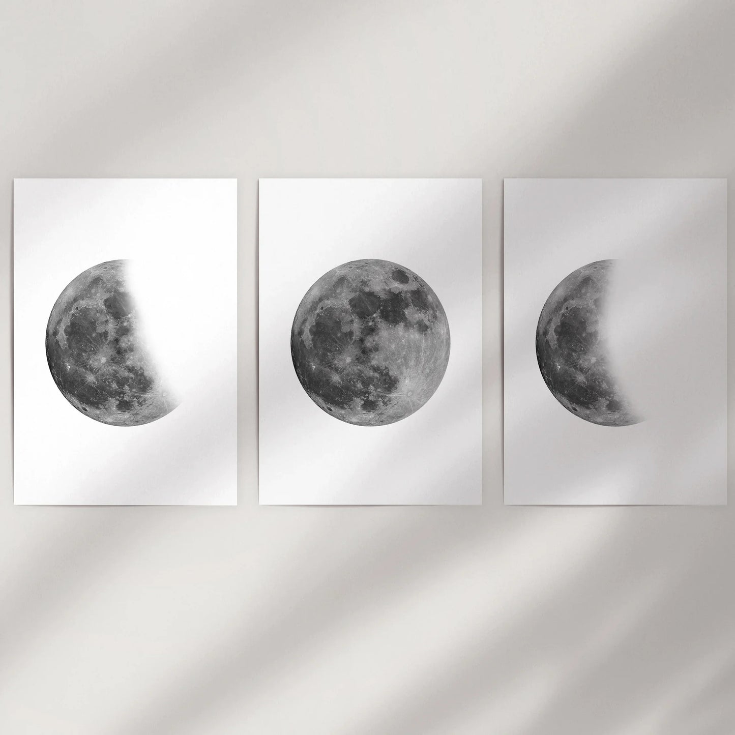 Moon Phases Set of 3 Prints – Black & White Lunar Cycle Wall Art