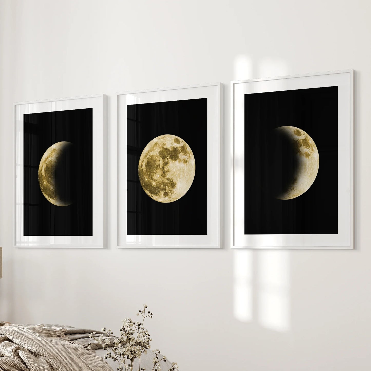Celestial Moon Wall Art Set – 3 Piece (Gold Full Moon & Phases)