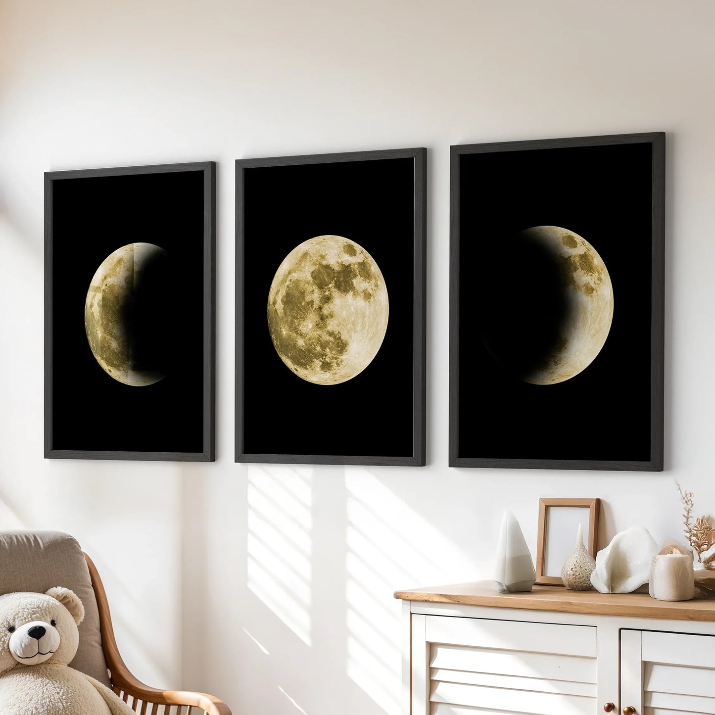 Celestial Moon Wall Art Set – 3 Piece (Gold Full Moon & Phases)