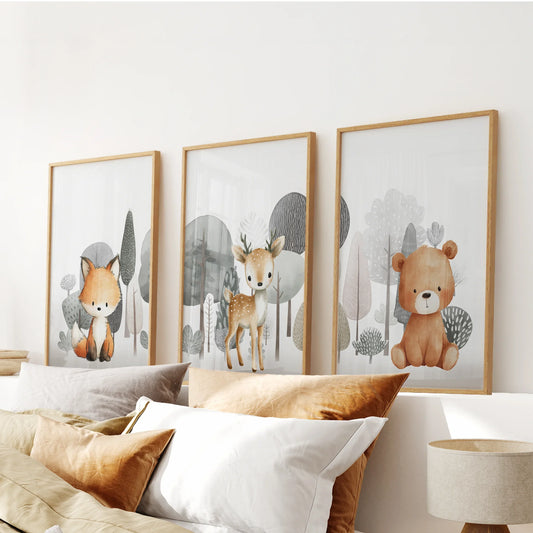 Forest Animal Nursery Decor – Cute Fox, Fawn & Bear Wall Art
