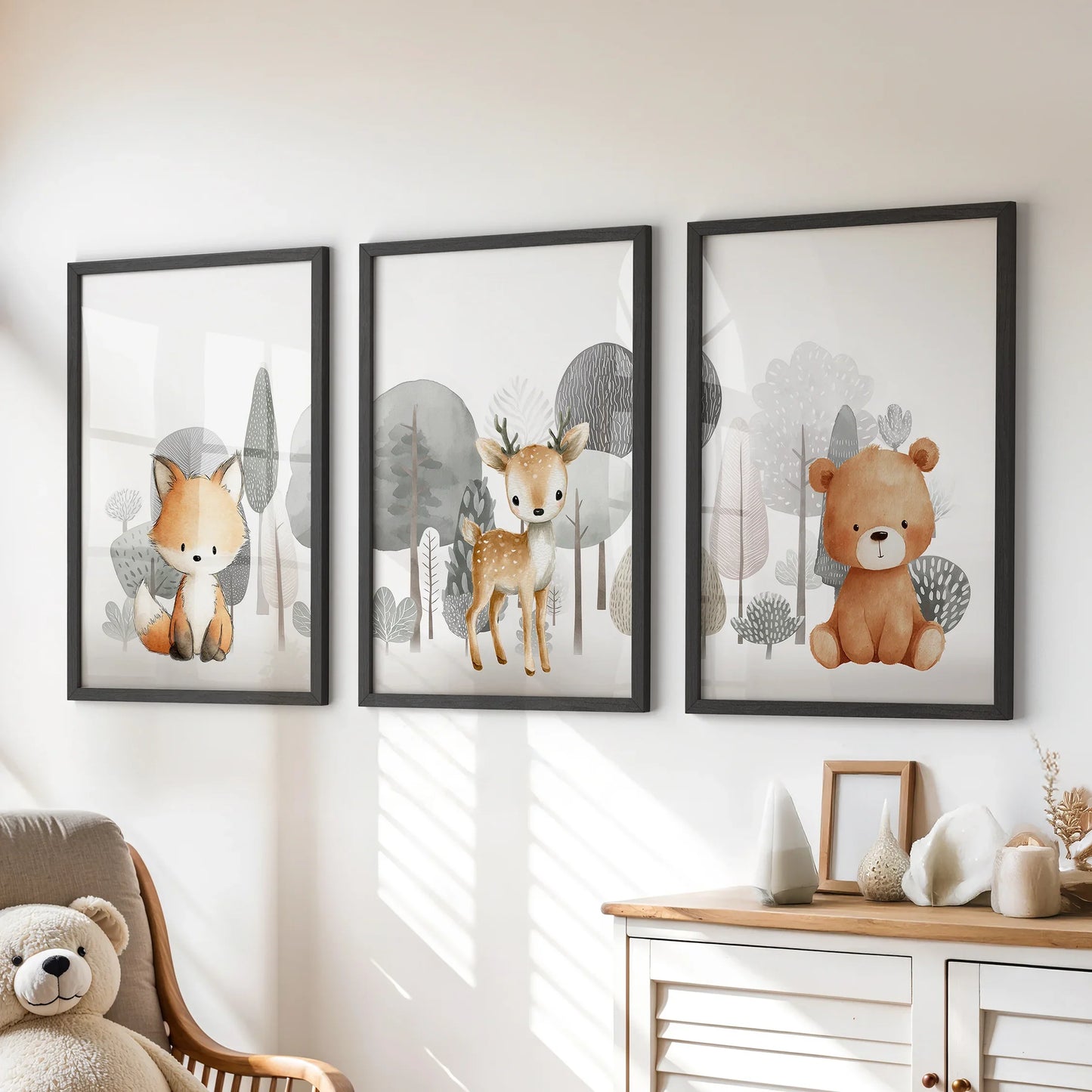 Forest Animal Nursery Decor – Cute Fox, Fawn & Bear Wall Art