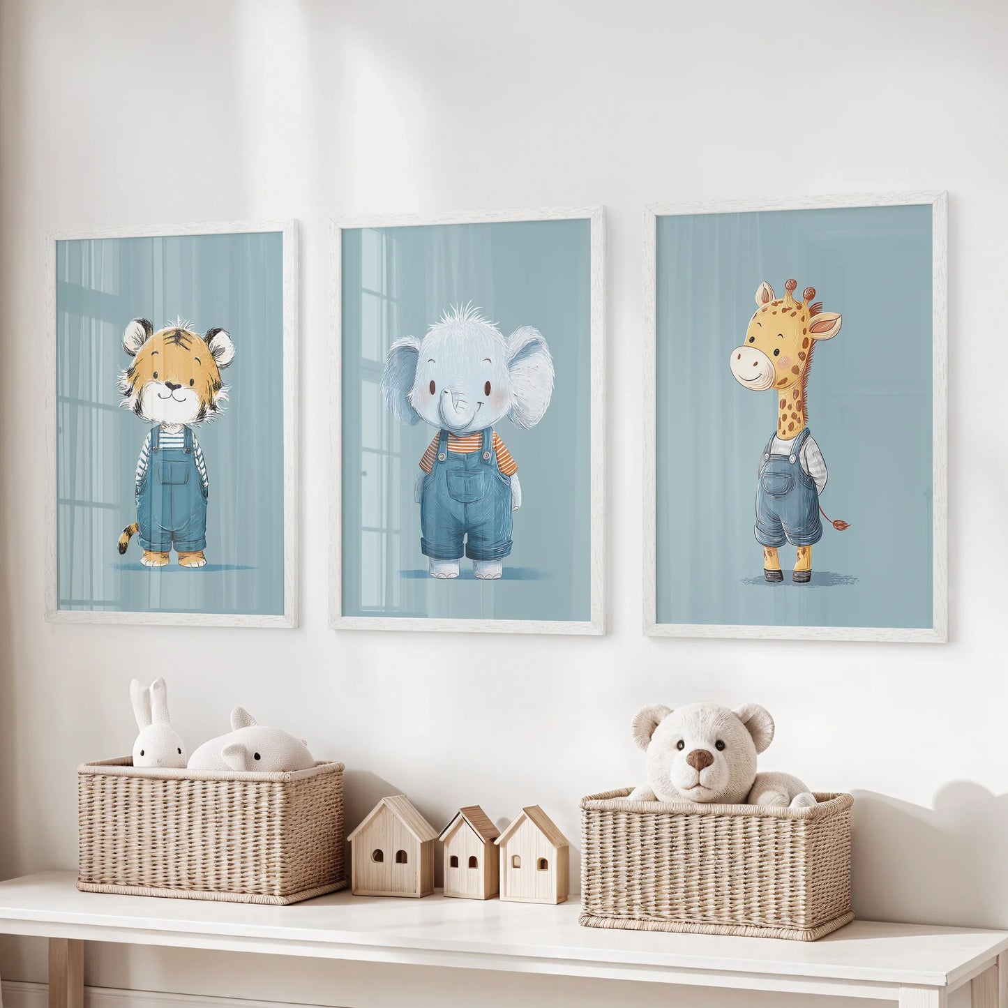 Safari Friends Trio – Blue Baby Animal Nursery Wall Art (Set of 3)