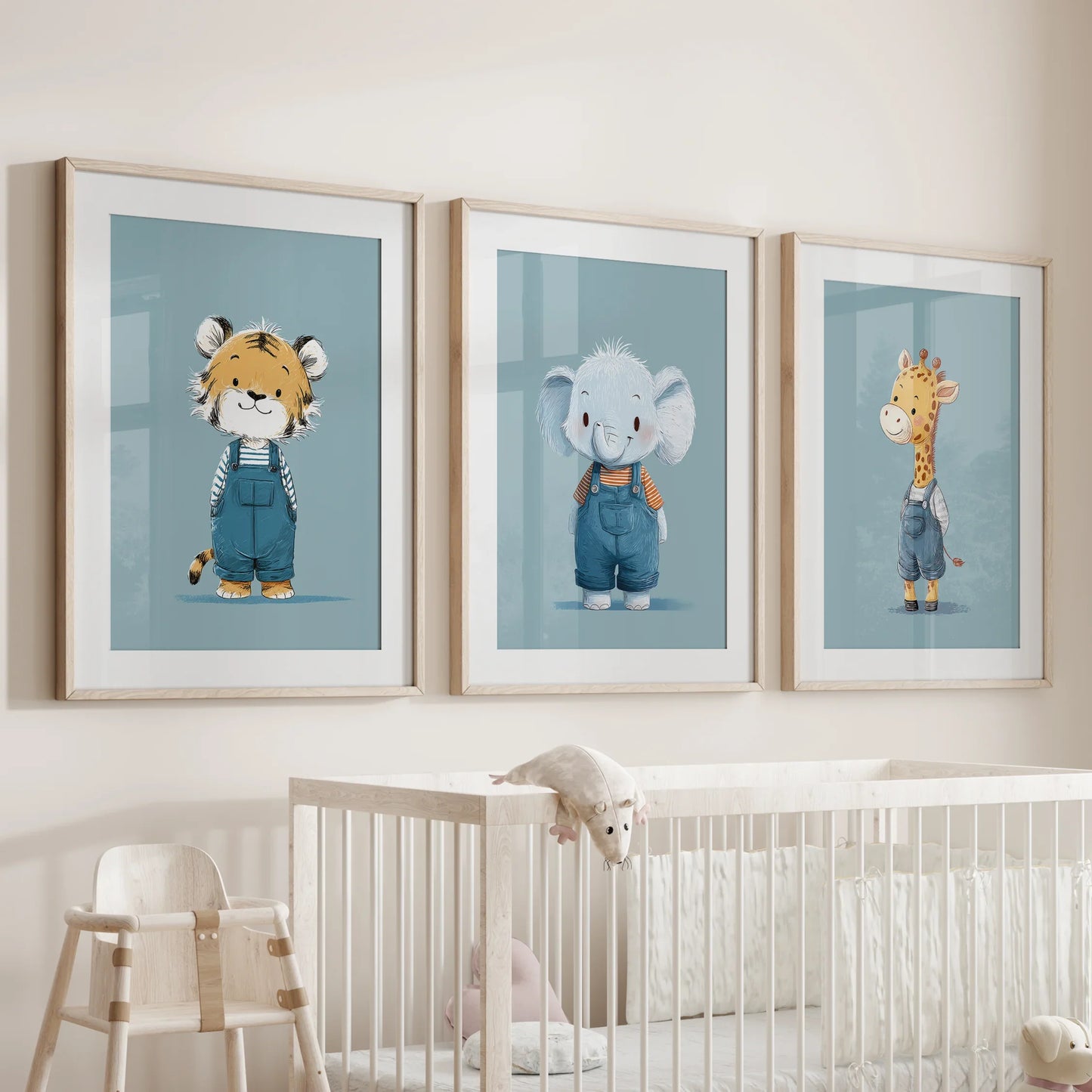 Safari Friends Trio – Blue Baby Animal Nursery Wall Art (Set of 3)