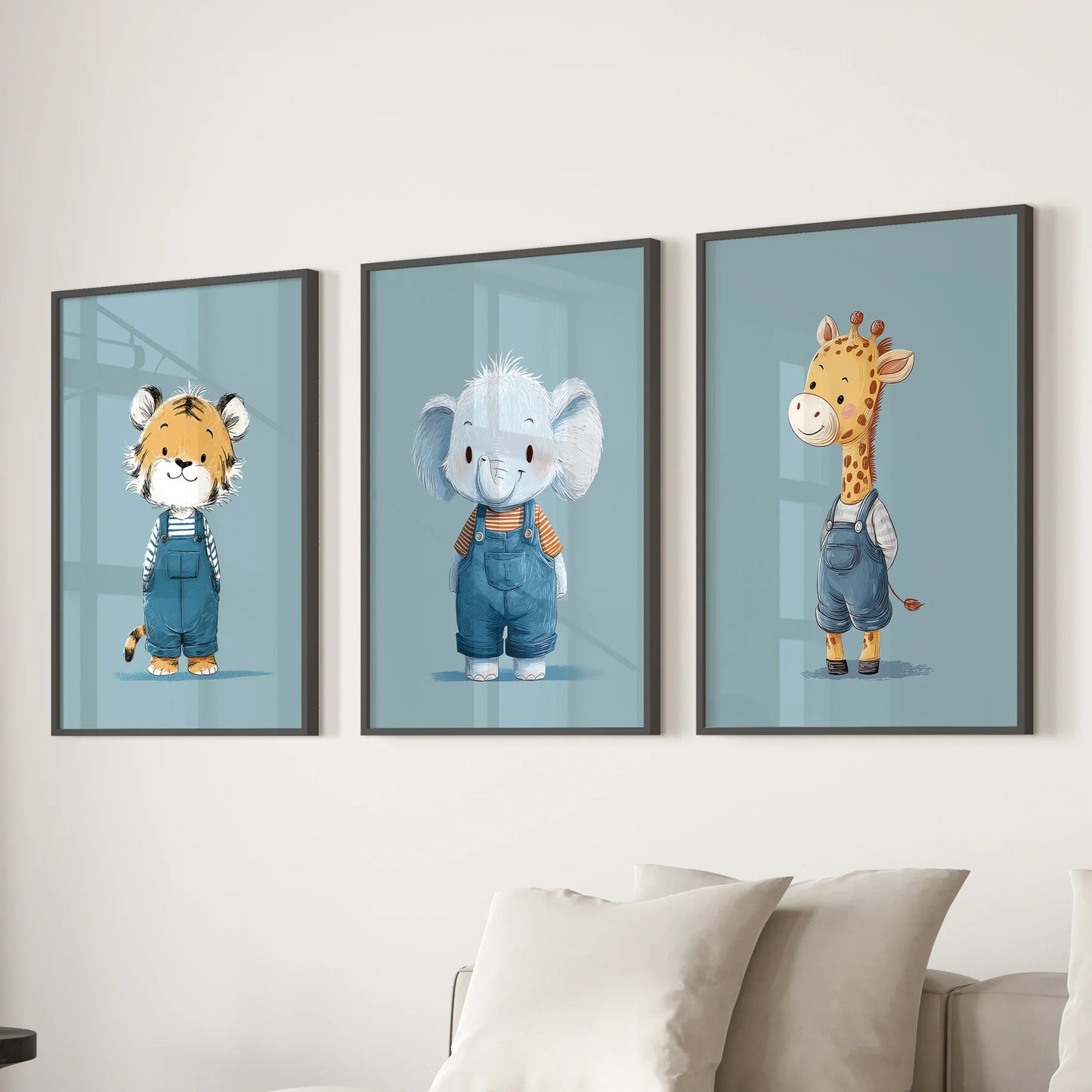 Safari Friends Trio – Blue Baby Animal Nursery Wall Art (Set of 3)