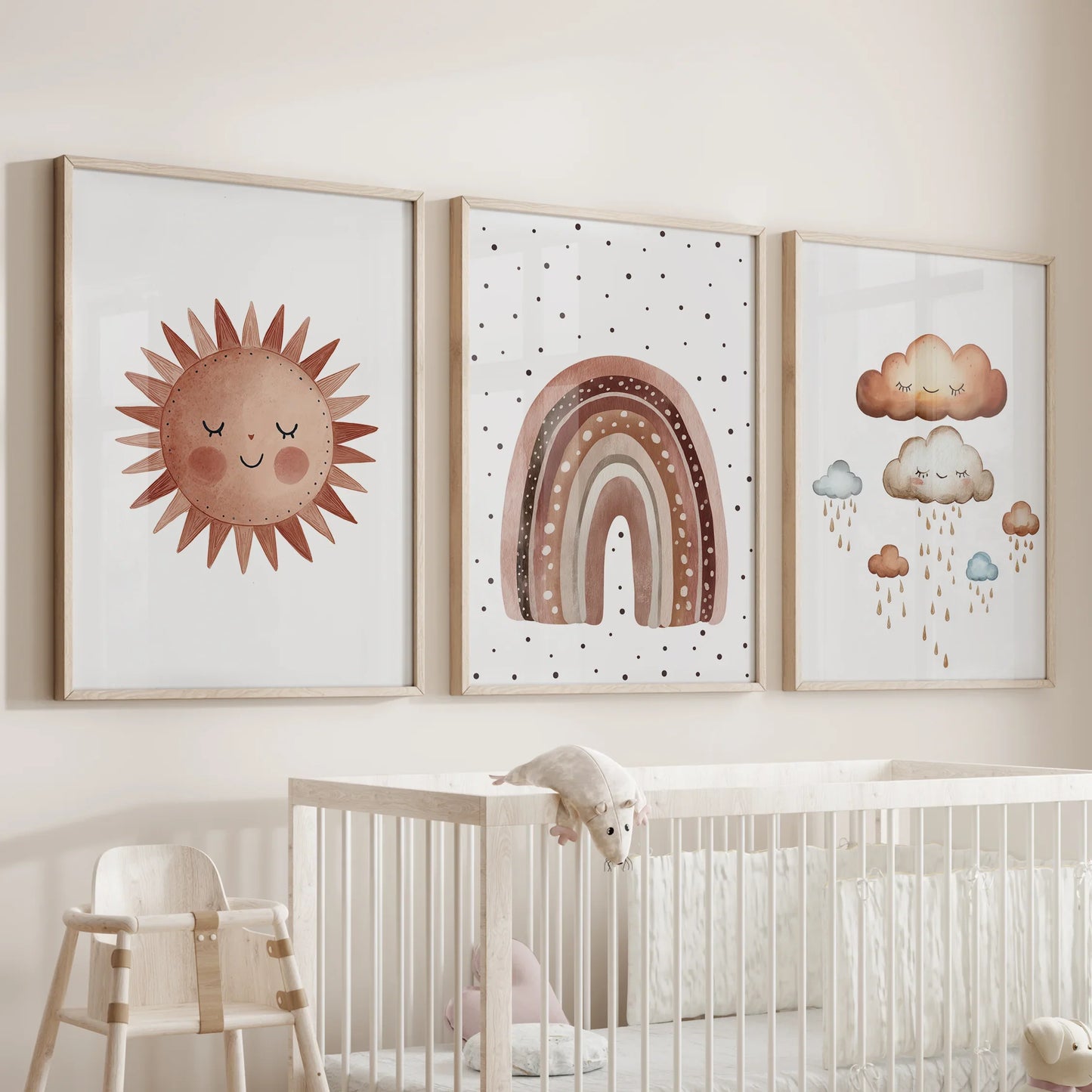 Minimalist Baby Room Wall Art Set of 3 – Earthy Rainbow Theme
