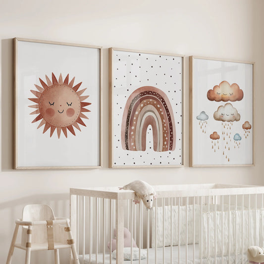 Minimalist Baby Room Wall Art Set of 3 – Earthy Rainbow Theme