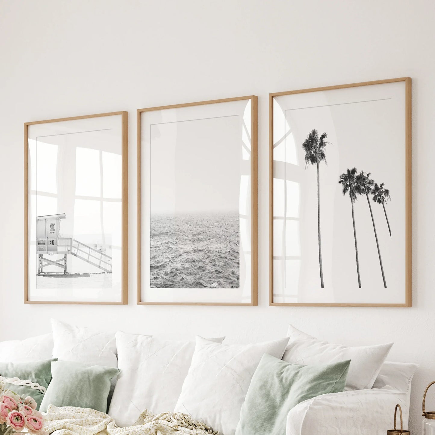 Black White Coastal Wall Art Set: Palms, Ocean, Lifeguard – Minimal Coastal Wall Art