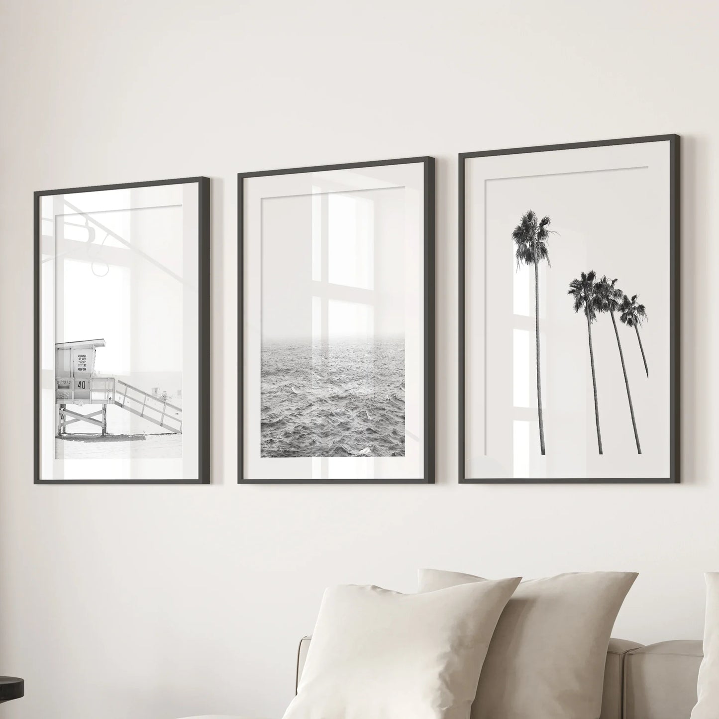 Black White Coastal Wall Art Set: Palms, Ocean, Lifeguard – Minimal Coastal Wall Art