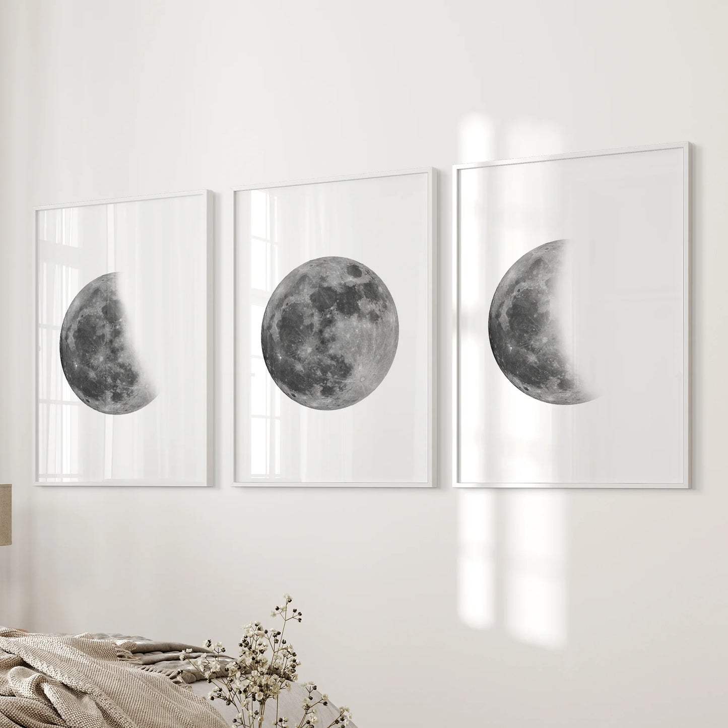 Moon Phases Set of 3 Prints – Black & White Lunar Cycle Wall Art
