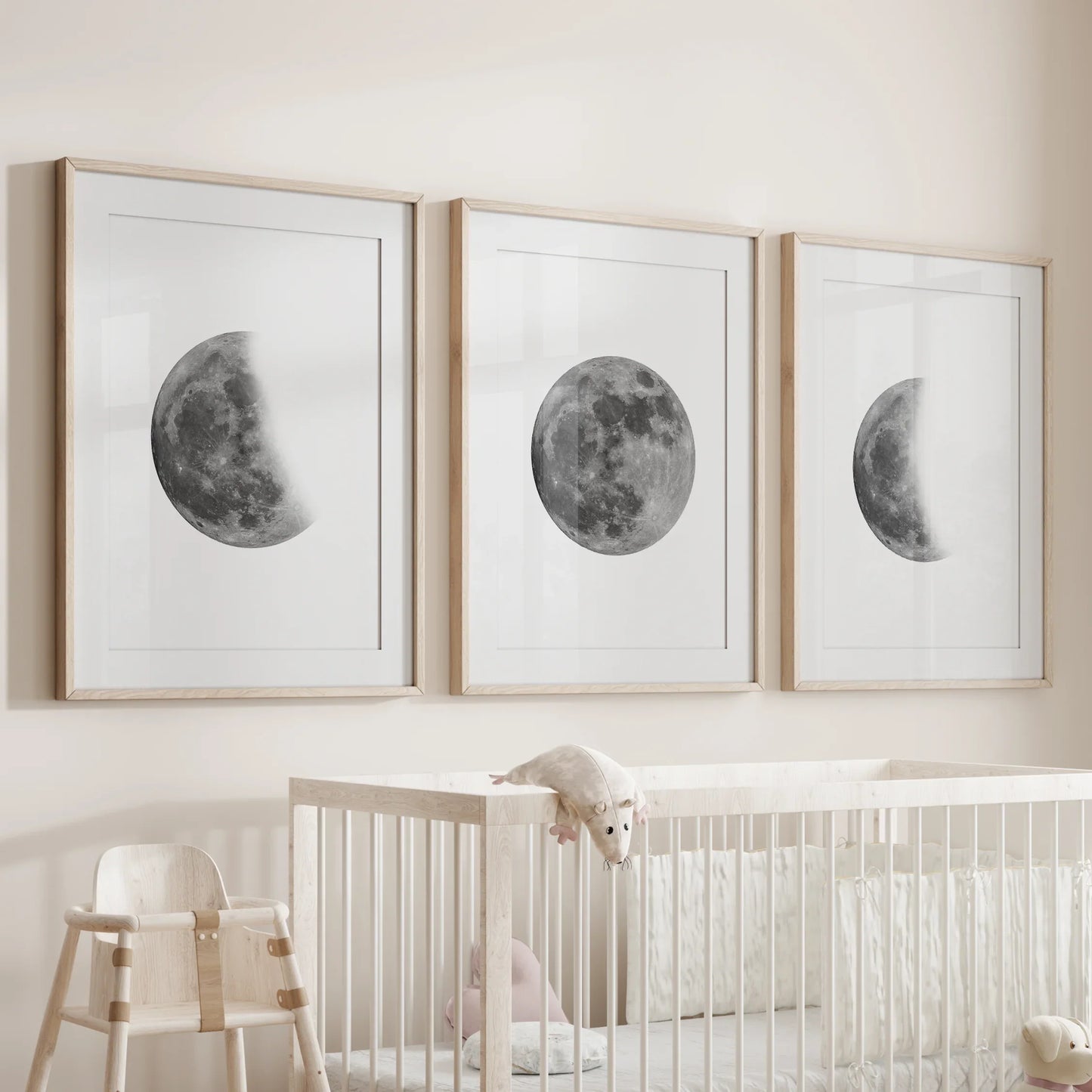 Moon Phases Set of 3 Prints – Black & White Lunar Cycle Wall Art