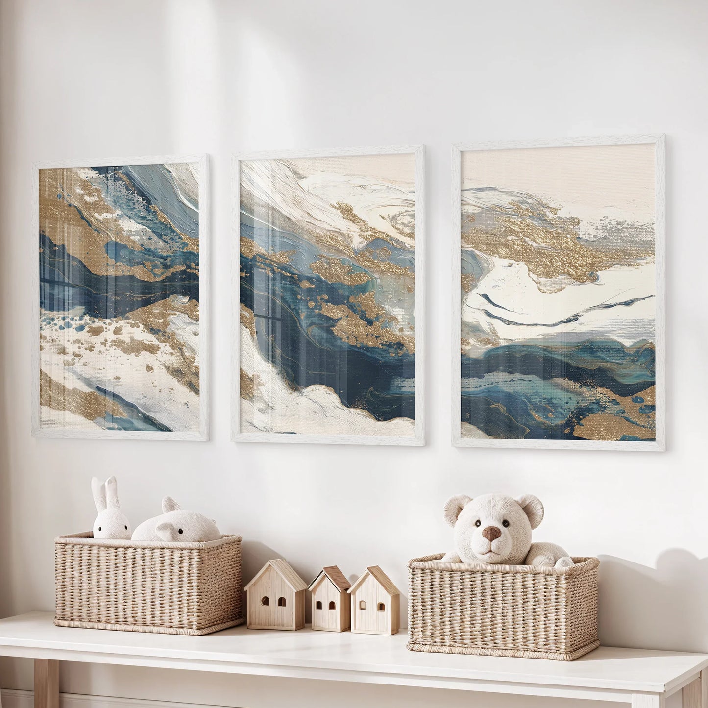 Gilded Tides – Blue & Gold Abstract Canvas Set (3 Piece)