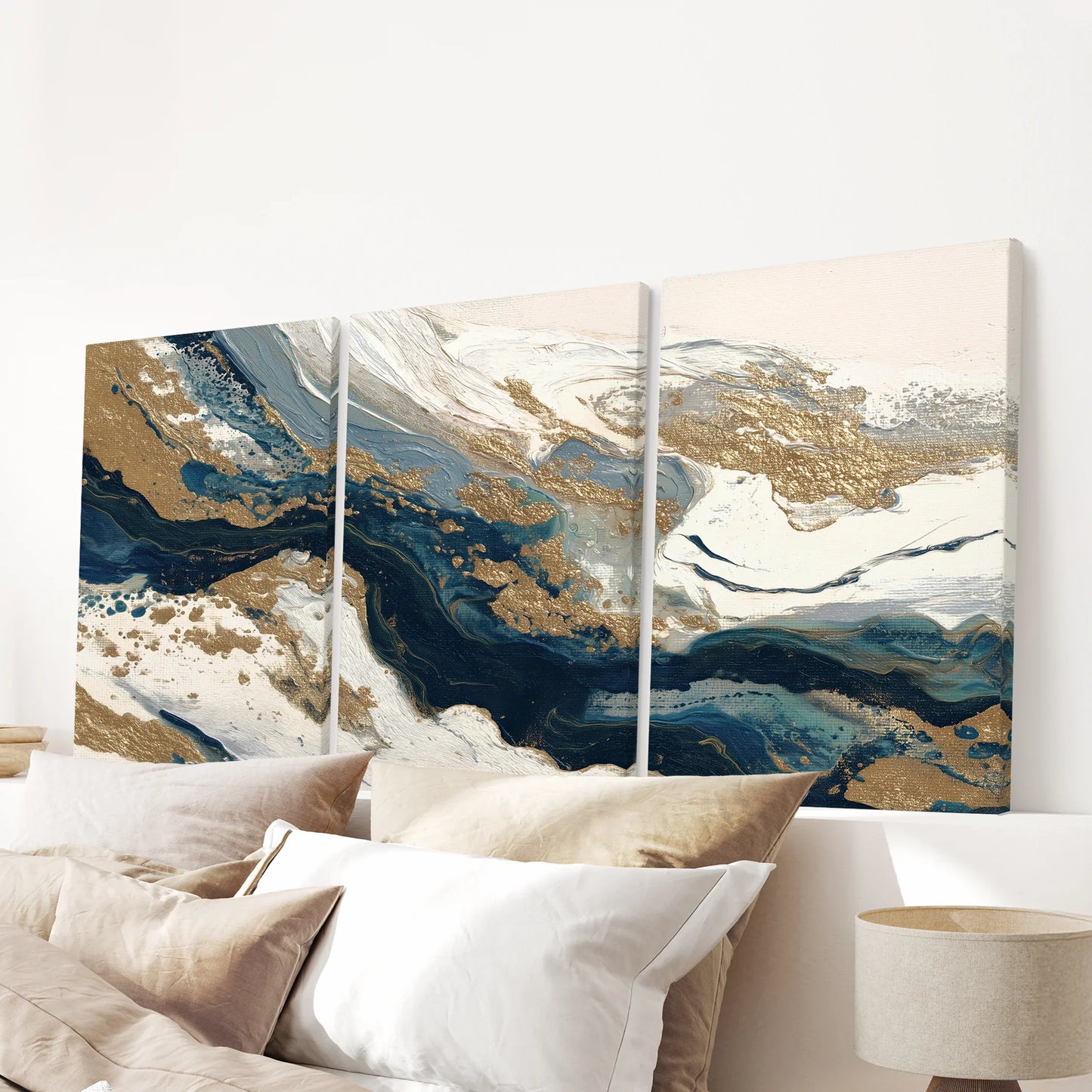 Gilded Tides – Blue & Gold Abstract Canvas Set (3 Piece)