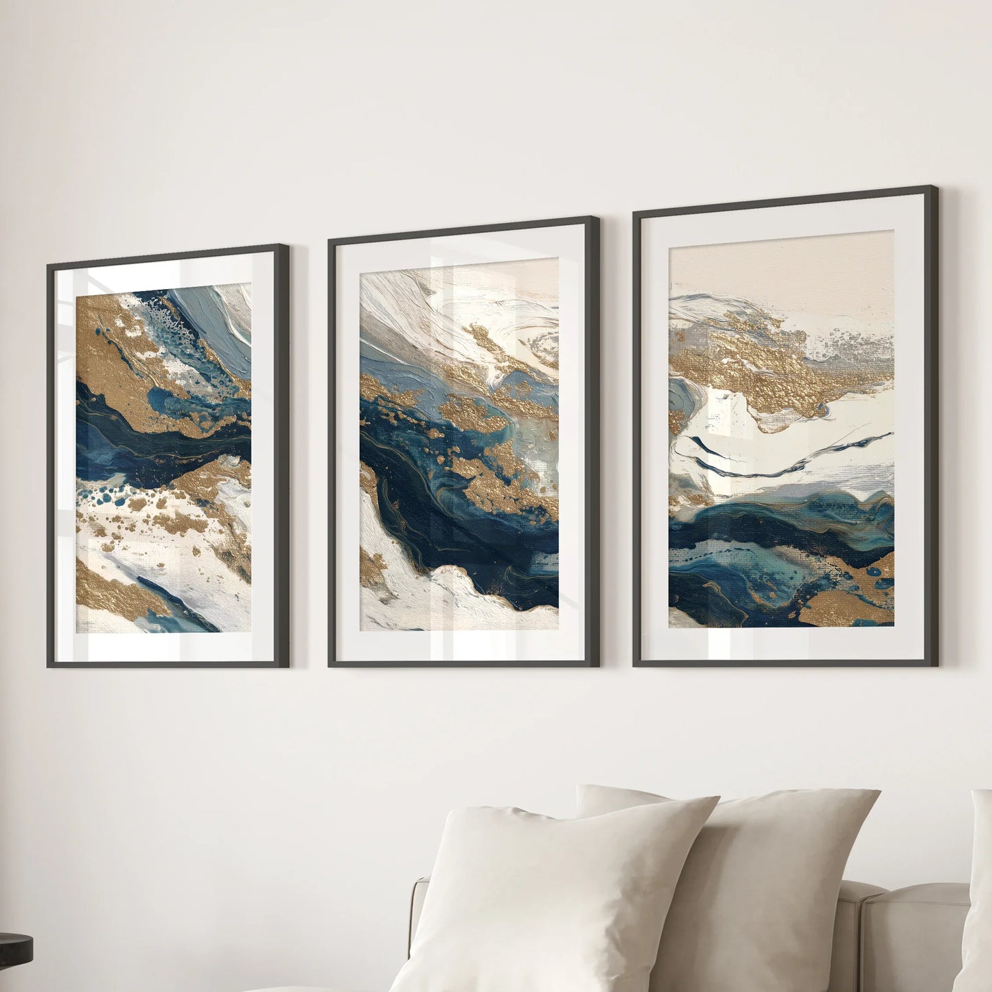 Gilded Tides – Blue & Gold Abstract Canvas Set (3 Piece)