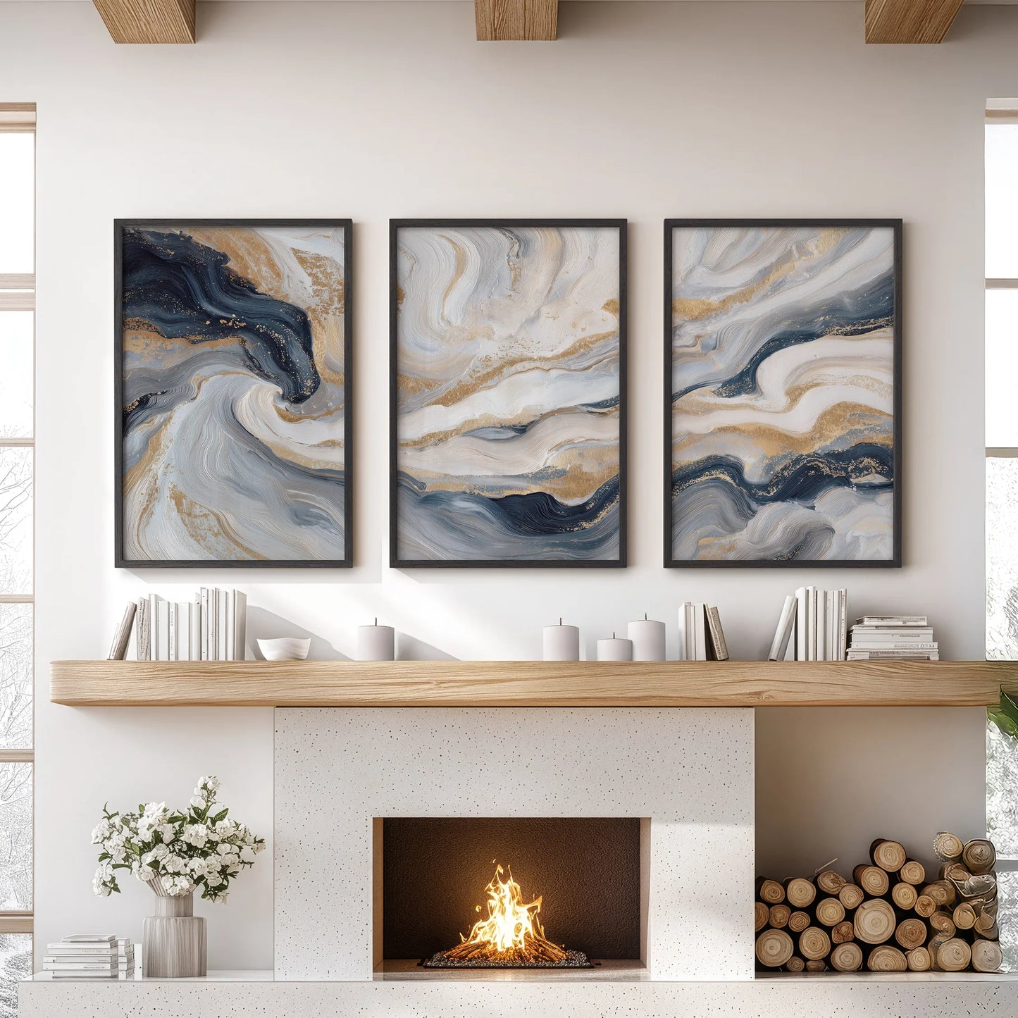 3 Piece Modern Abstract Marble Wall Art – Navy Blue & Gold