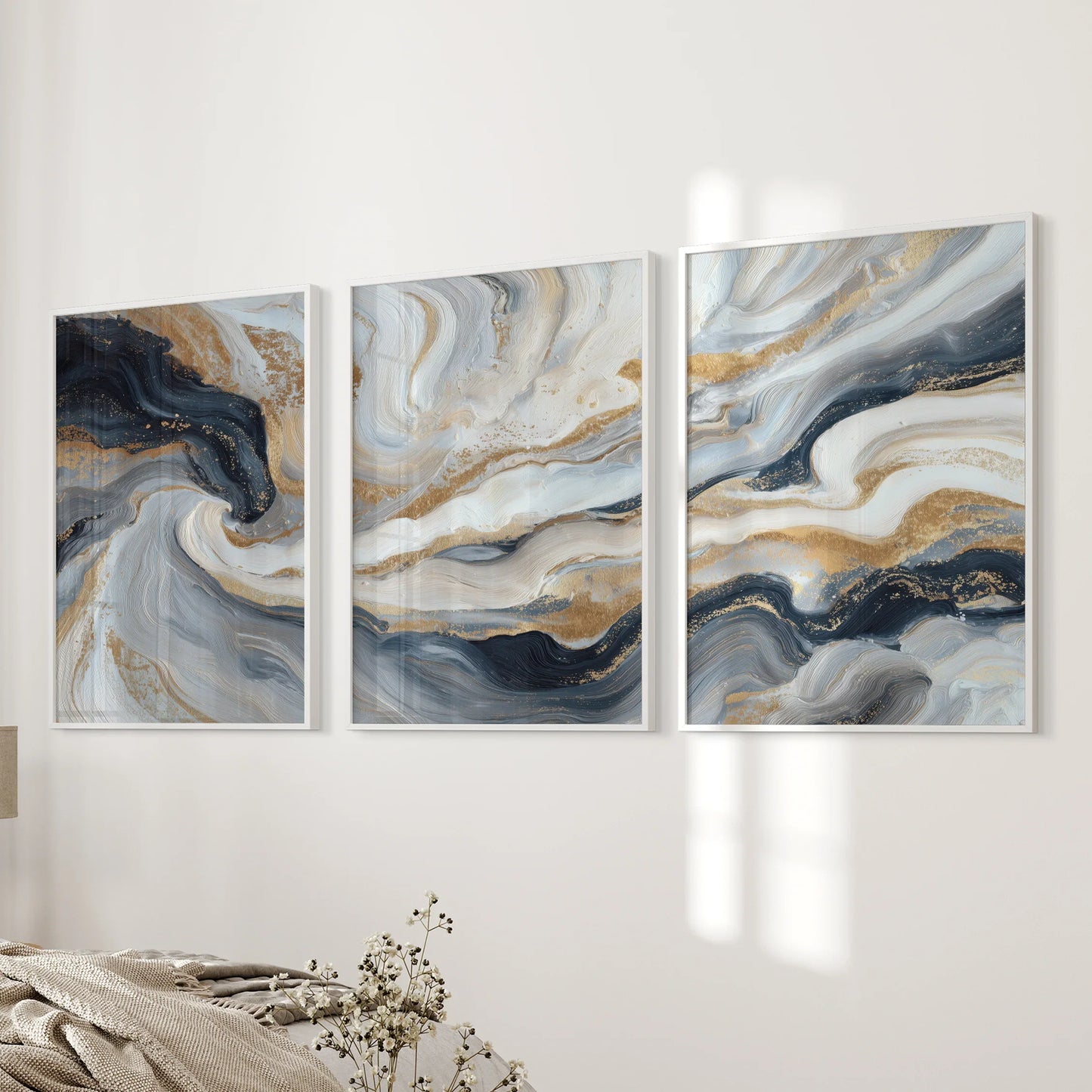 3 Piece Modern Abstract Marble Wall Art – Navy Blue & Gold