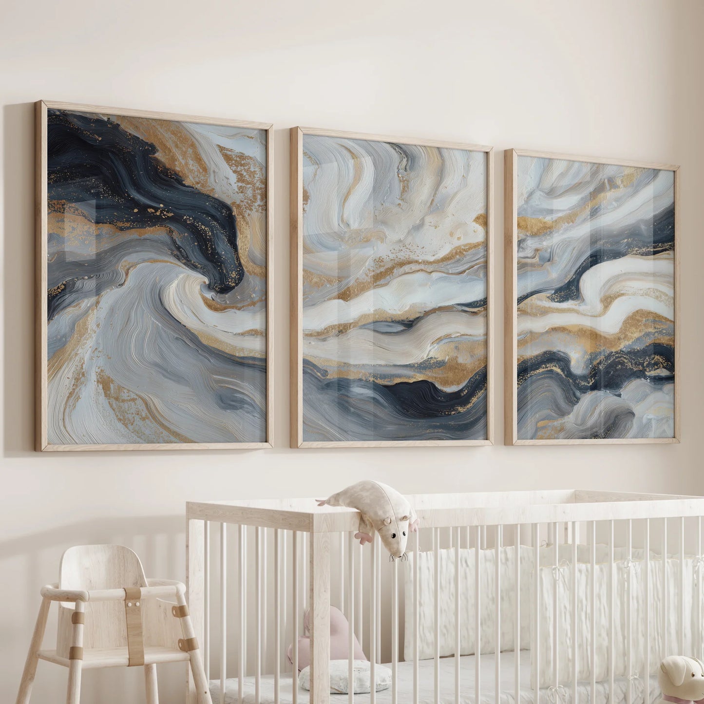 3 Piece Modern Abstract Marble Wall Art – Navy Blue & Gold