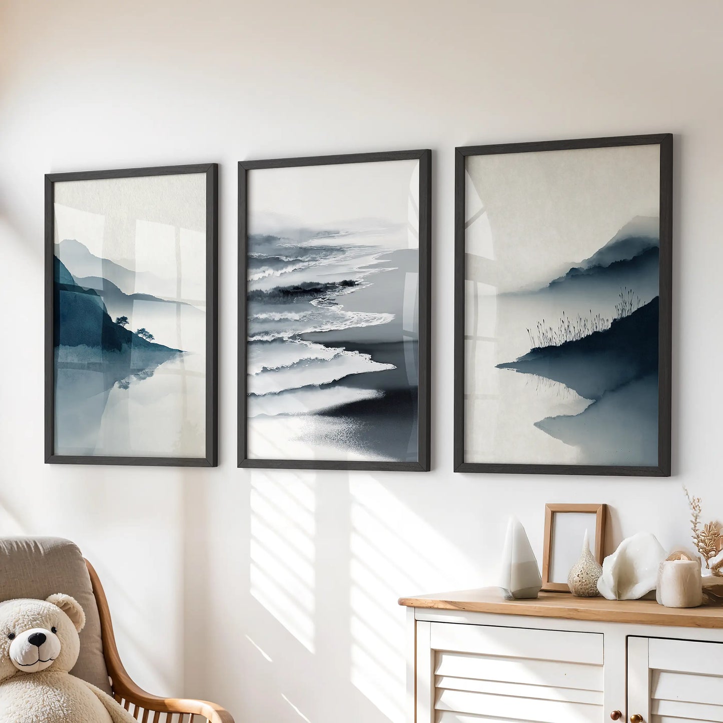 Minimalist Mountain Lake Set of 3 – Modern Landscape Wall Art