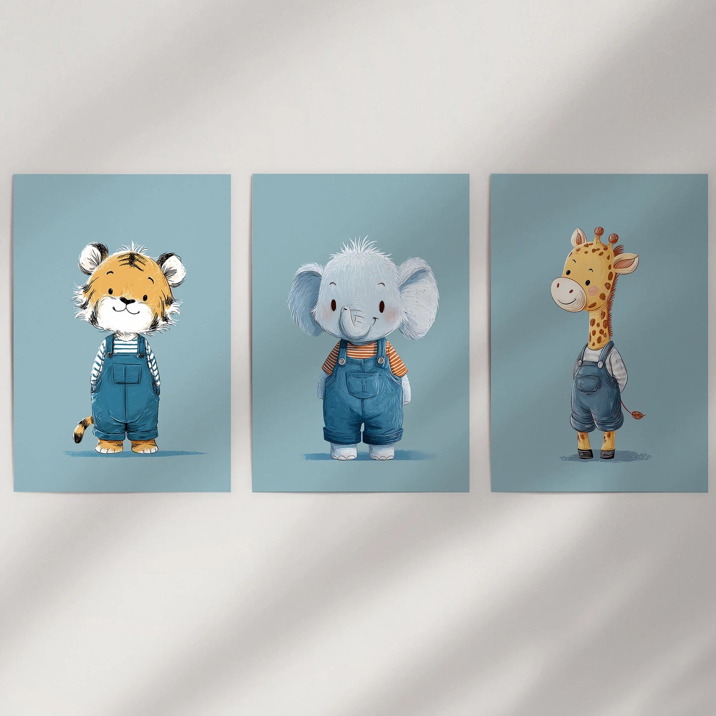 Safari Friends Trio – Blue Baby Animal Nursery Wall Art (Set of 3)