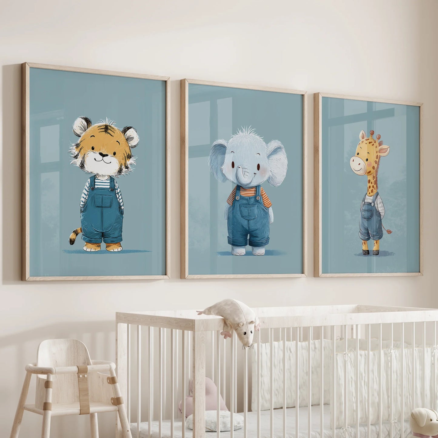Safari Friends Trio – Blue Baby Animal Nursery Wall Art (Set of 3)