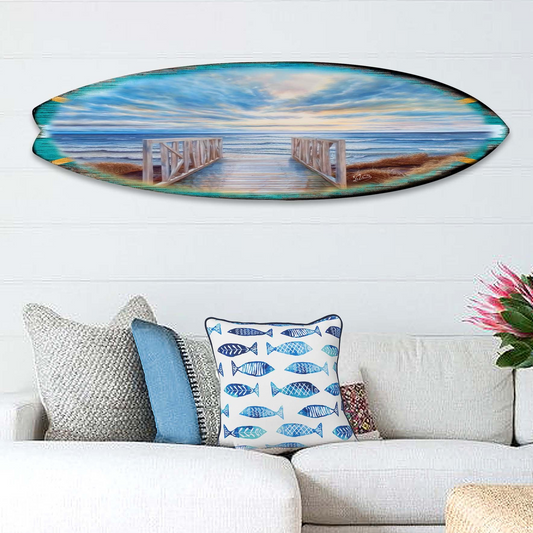 Wooden Pier Surfboard – Handcrafted Coastal Wall Art