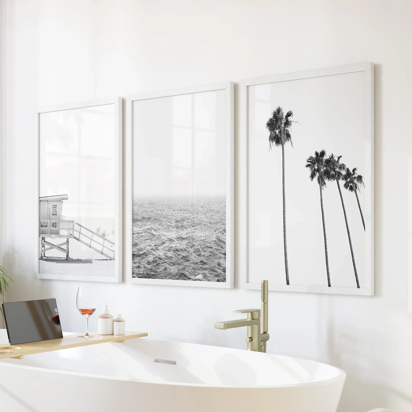 Black White Coastal Wall Art Set: Palms, Ocean, Lifeguard – Minimal Coastal Wall Art