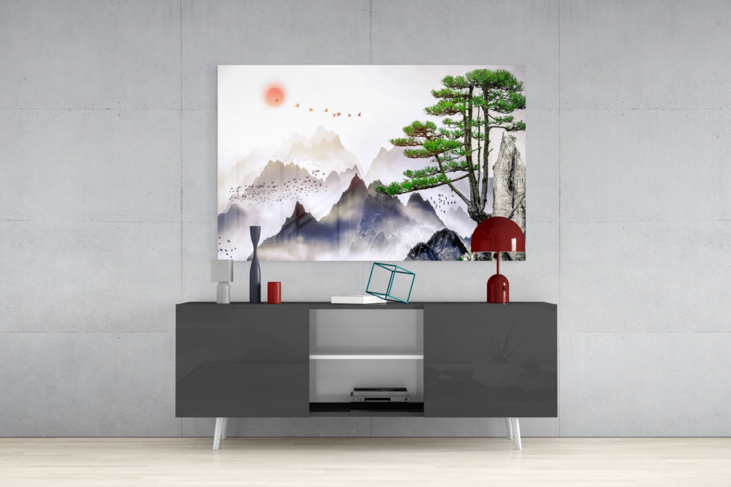 Mountain Pine Sumi‑e – Mist & Sun Japandi Glass Wall Art