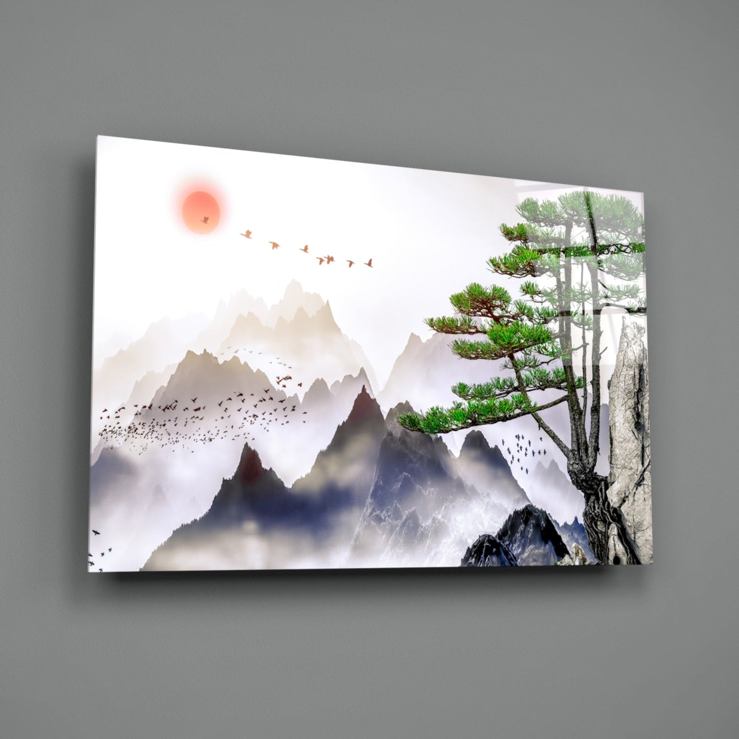 Mountain Pine Sumi‑e – Mist & Sun Japandi Glass Wall Art