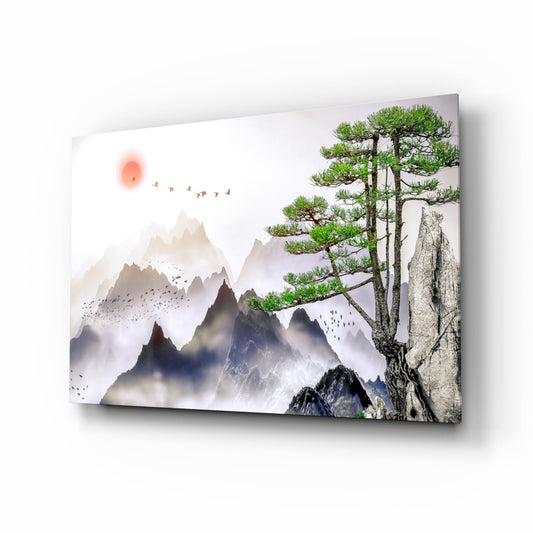 Mountain Pine Sumi‑e – Mist & Sun Japandi Glass Wall Art
