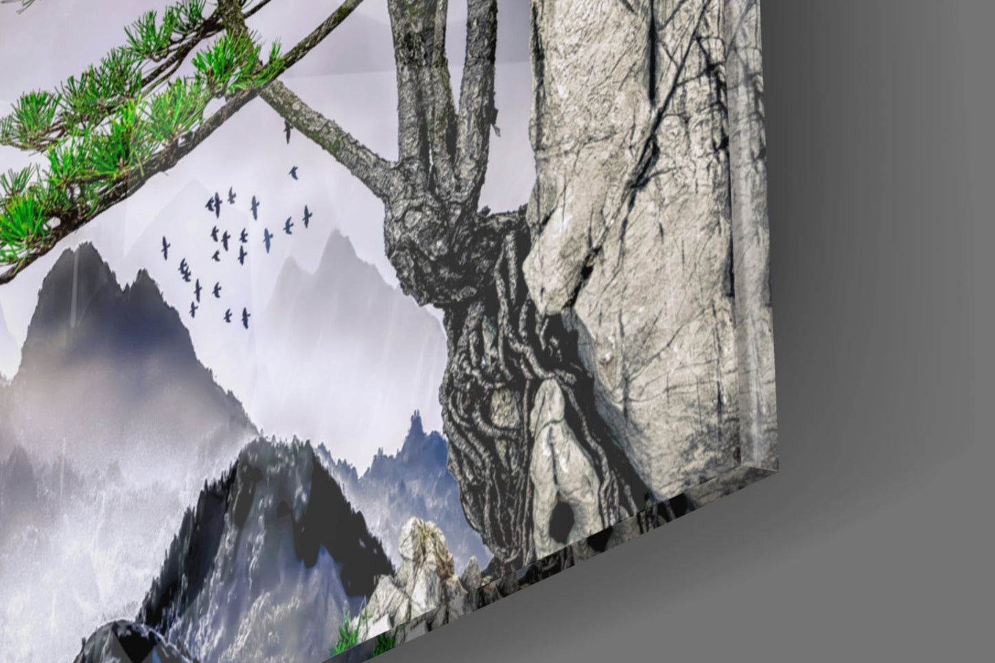 Mountain Pine Sumi‑e – Mist & Sun Japandi Glass Wall Art