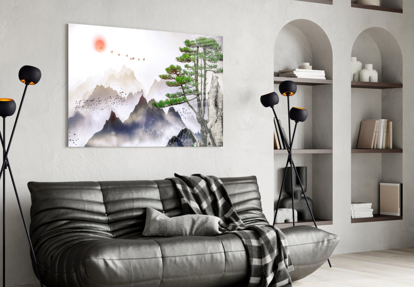 Mountain Pine Sumi‑e – Mist & Sun Japandi Glass Wall Art