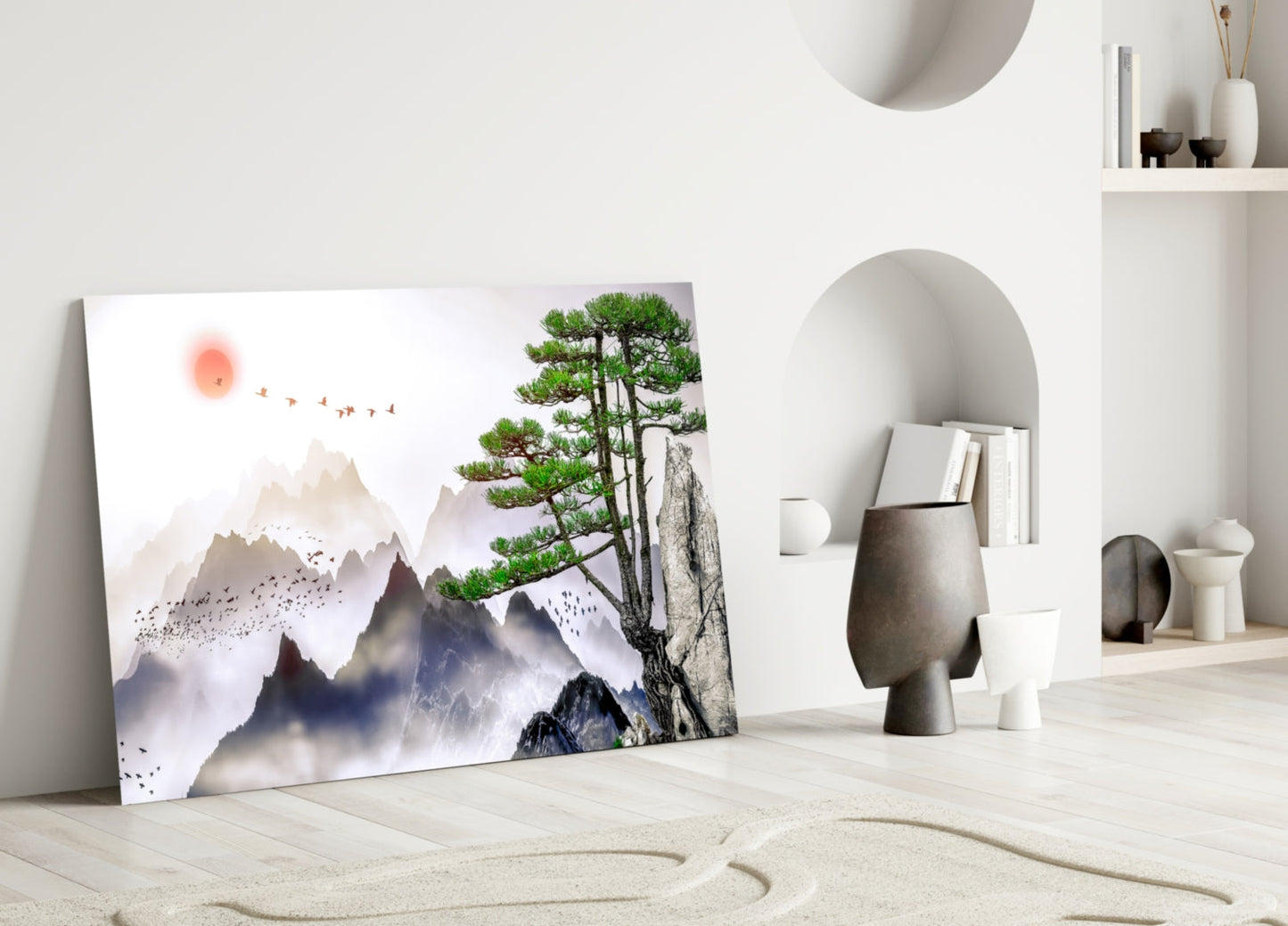Mountain Pine Sumi‑e – Mist & Sun Japandi Glass Wall Art